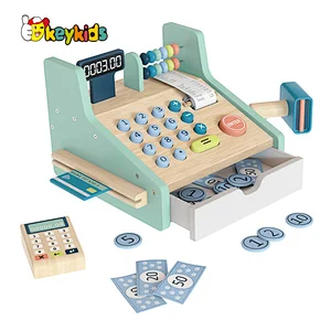 Kids pretend play preschool wooden supermarket cash register toys with scanner W10A163