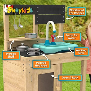 Kids outdoor wooden mud play kitchen set with sink, stove, and oven W10C782