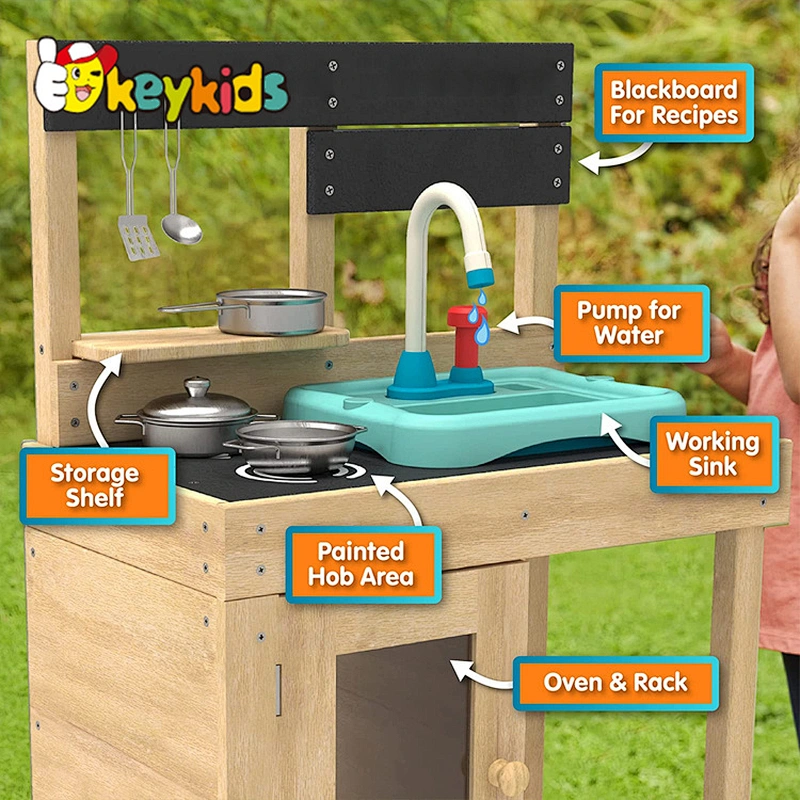 Kids outdoor wooden mud play kitchen set with sink, stove, and oven W10C782