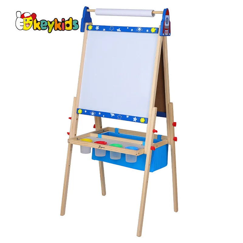 Customize kids double sided wooden magnetic drawing board with basket W12B235