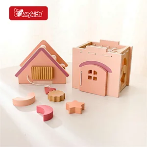 New Arrival 5 In 1 Educational Pink Wooden House Shape Sorter Toy For Kids W12D497