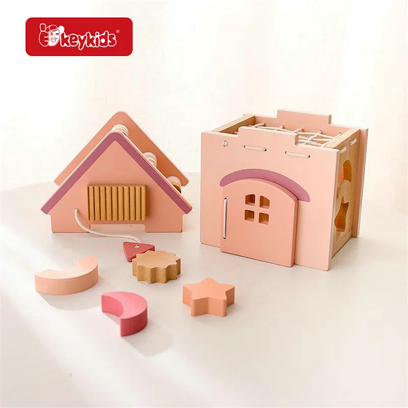 New Arrival 5 In 1 Educational Pink Wooden House Shape Sorter Toy For Kids W12D497