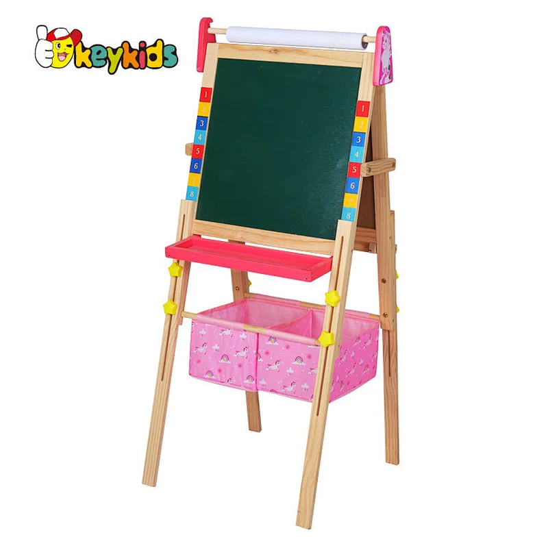Kids double sided height adjustable wooden chalkboard with basket W12B232