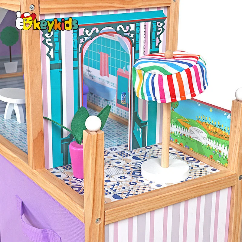 Customize large girls pink wooden dollhouse with storage W06A324