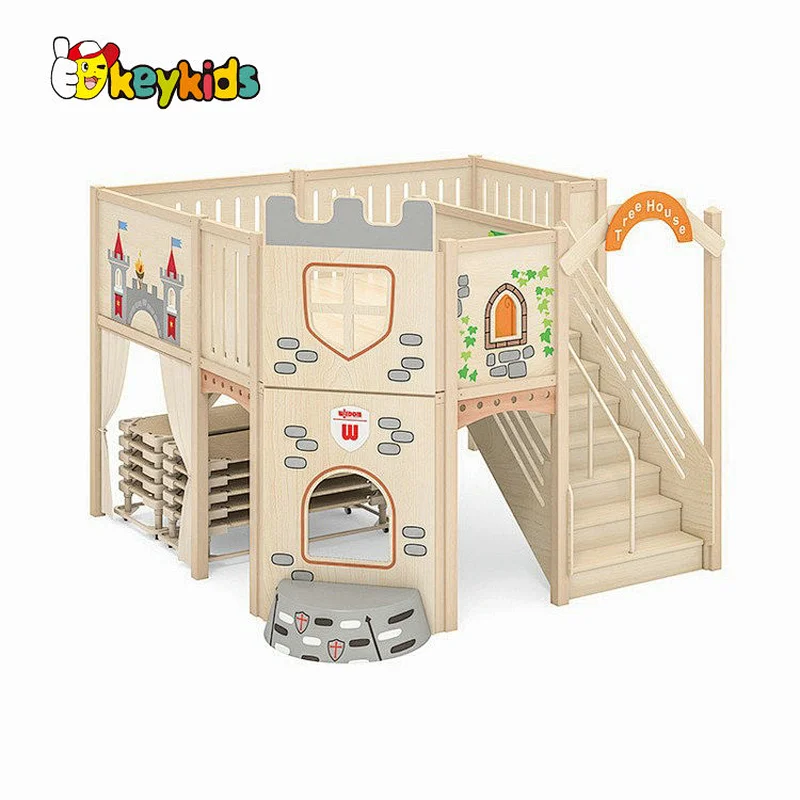 High quality children large playhouse wooden loft castle with slide W01D258