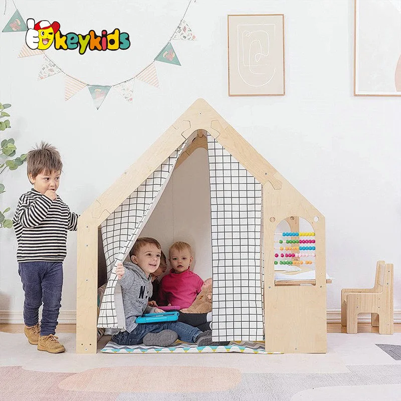 High quality natural kids wooden multiplay playhouse with learning table W01D256