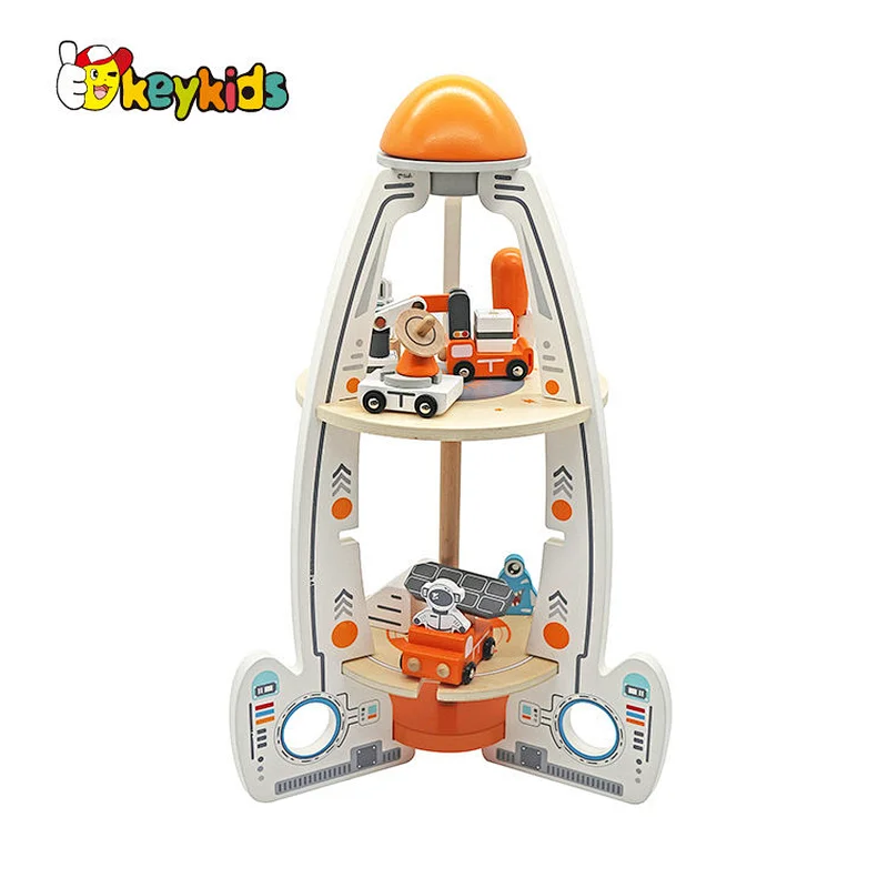 Top sale simulation space station wooden toy rocket ship for kids W04F045