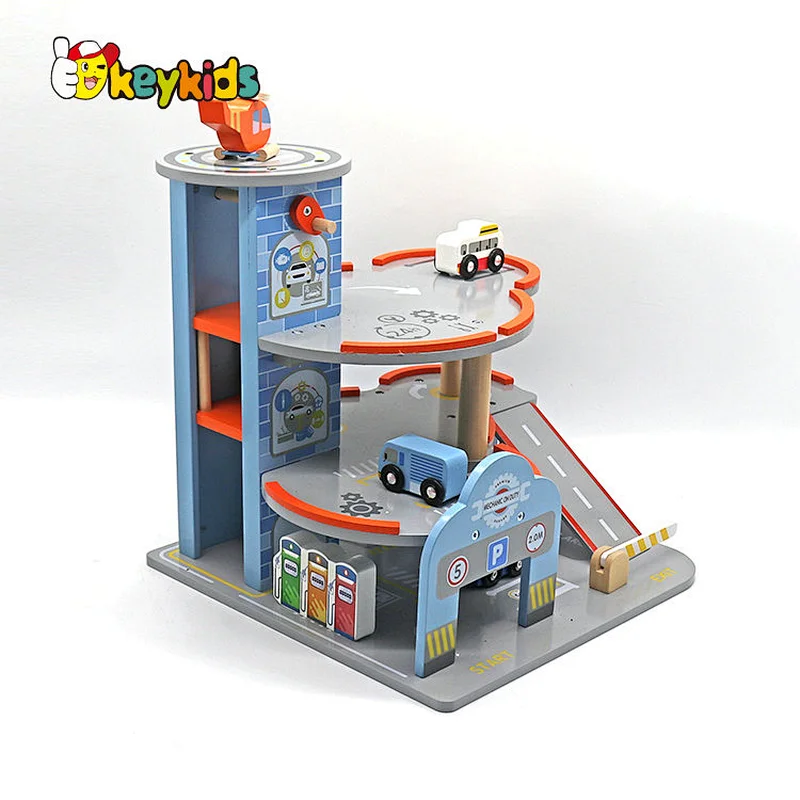 New design preschool simulation wooden rail car parking lot toy for children W04B118