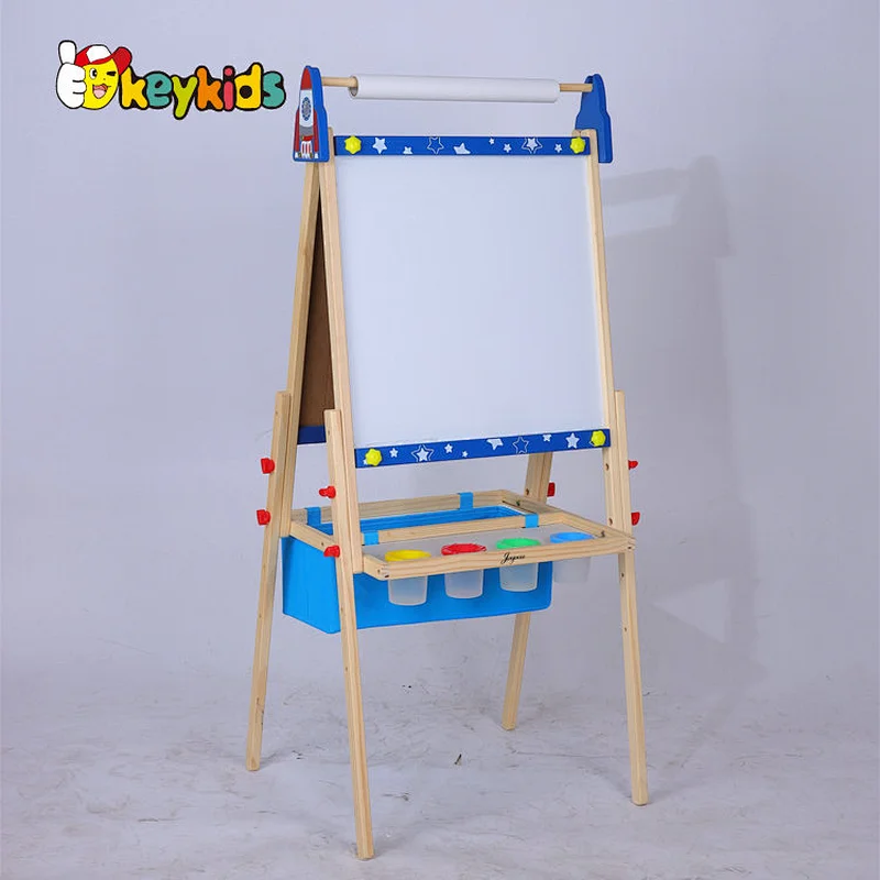 Customize kids double sided wooden magnetic drawing board with basket W12B235
