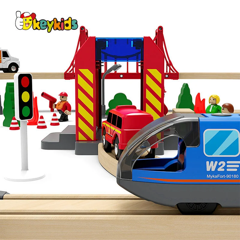 Hot sell 70 pcs firefighting wooden toy train set for kids W04C240