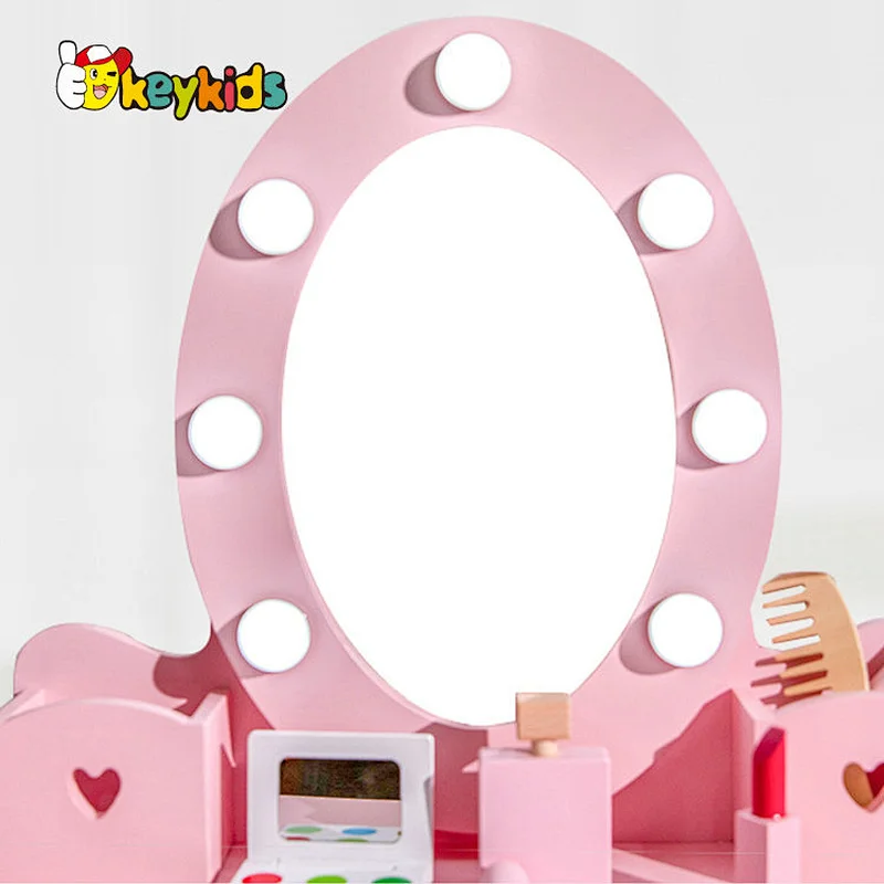 Most popular girls pink wooden doll makeup table with LED mirror W08H192