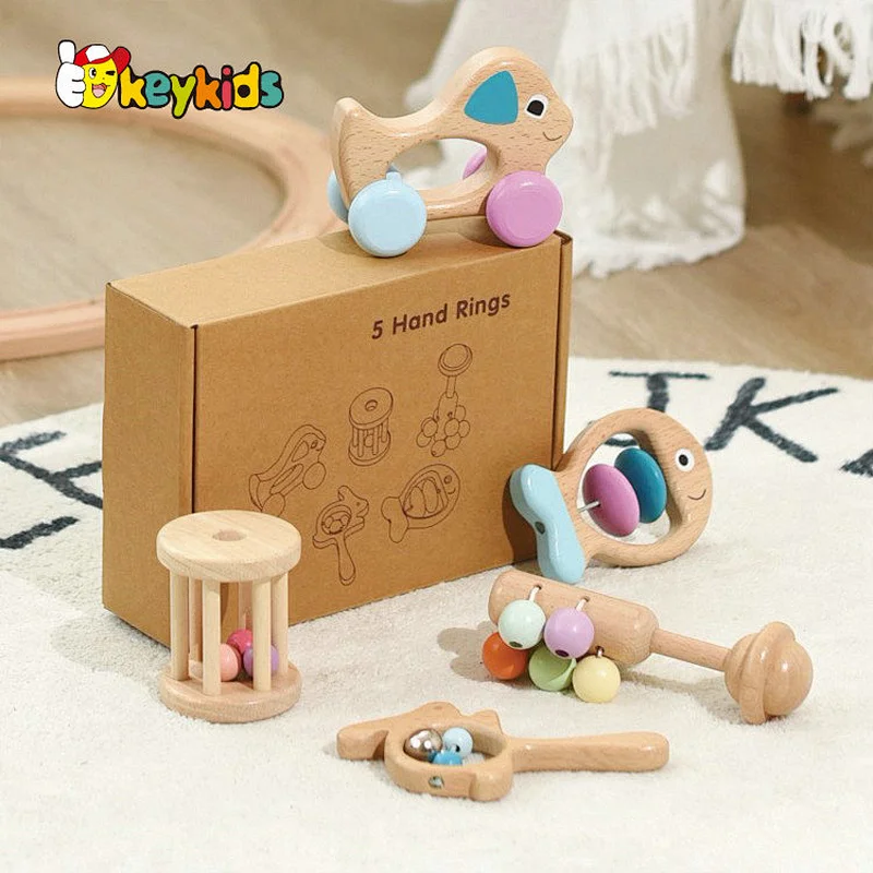 wholesale 5 pcs hand bell shaker wooden rattle toy set for newborn W07I198