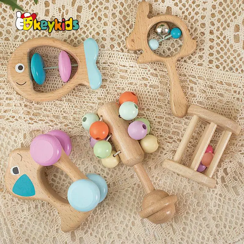 wholesale 5 pcs hand bell shaker wooden rattle toy set for newborn W07I198