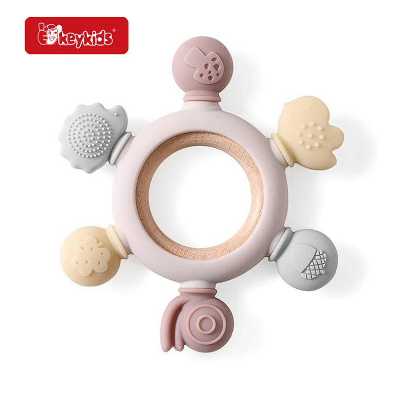 Customize Eco-friendly Food Grade Silicone Wooden Teether Ring For Baby W07I201