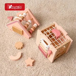 New Arrival 5 In 1 Educational Pink Wooden House Shape Sorter Toy For Kids W12D497