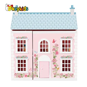 New Design Kids Pretend Play Lovely Pink Wooden Dollhouse With Furnitures W06A534