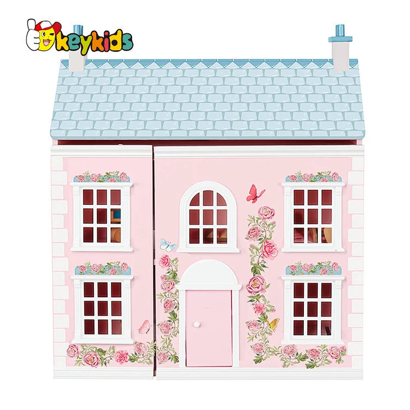 New Design Kids Pretend Play Lovely Pink Wooden Dollhouse With Furnitures W06A534