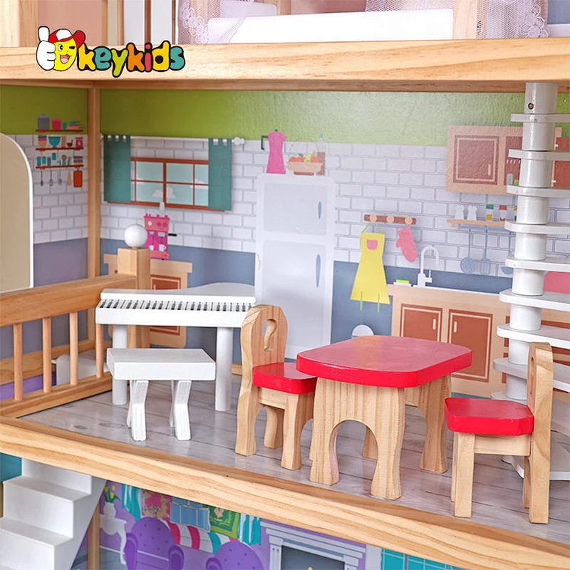 Customize large girls pink wooden dollhouse with storage W06A324