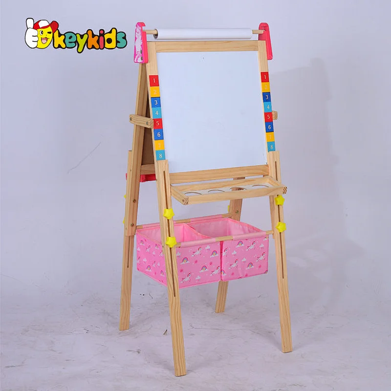 Kids double sided height adjustable wooden chalkboard with basket W12B232