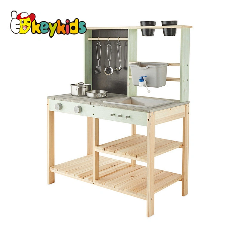 Kids outdoor play running water wooden mud kitchen with accessory W10C771