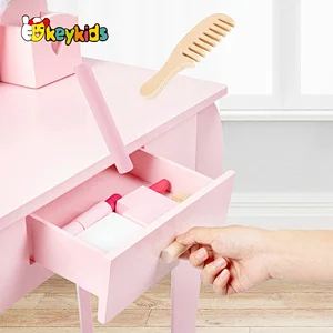 Most popular girls pink wooden doll makeup table with LED mirror W08H192