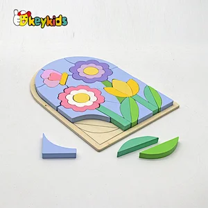 Custom educational colored wooden flower puzzle block for kids W14A366