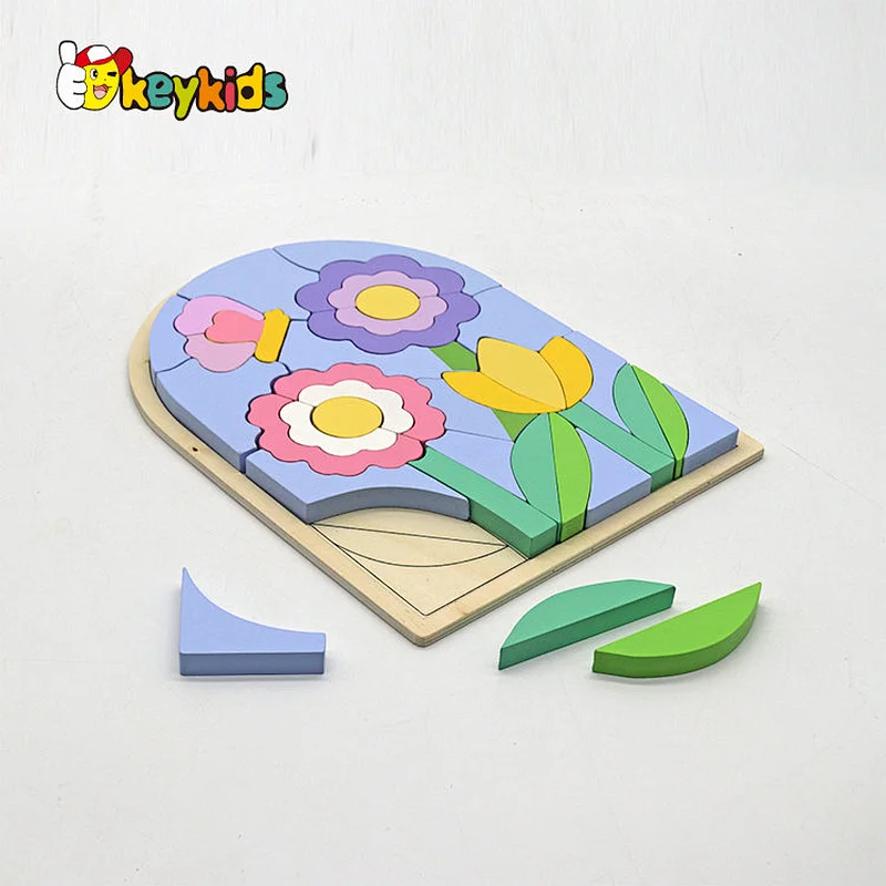 Custom educational colored wooden flower puzzle block for kids W14A366