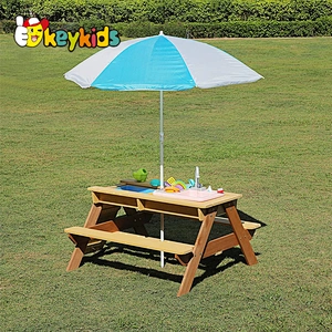 3-in-1 Water & Sand Activity Play Bench Set Kids Outdoor Wood Picnic Table and Chair with Umbrella W10D534