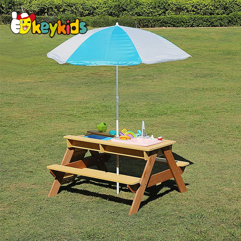 3-in-1 Water & Sand Activity Play Bench Set Kids Outdoor Wood Picnic Table and Chair with Umbrella W10D534