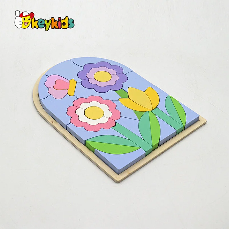 Custom educational colored wooden flower puzzle block for kids W14A366