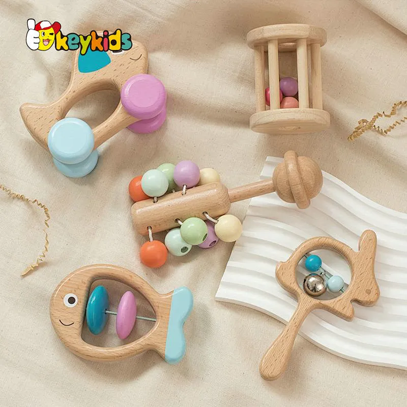 wholesale 5 pcs hand bell shaker wooden rattle toy set for newborn W07I198