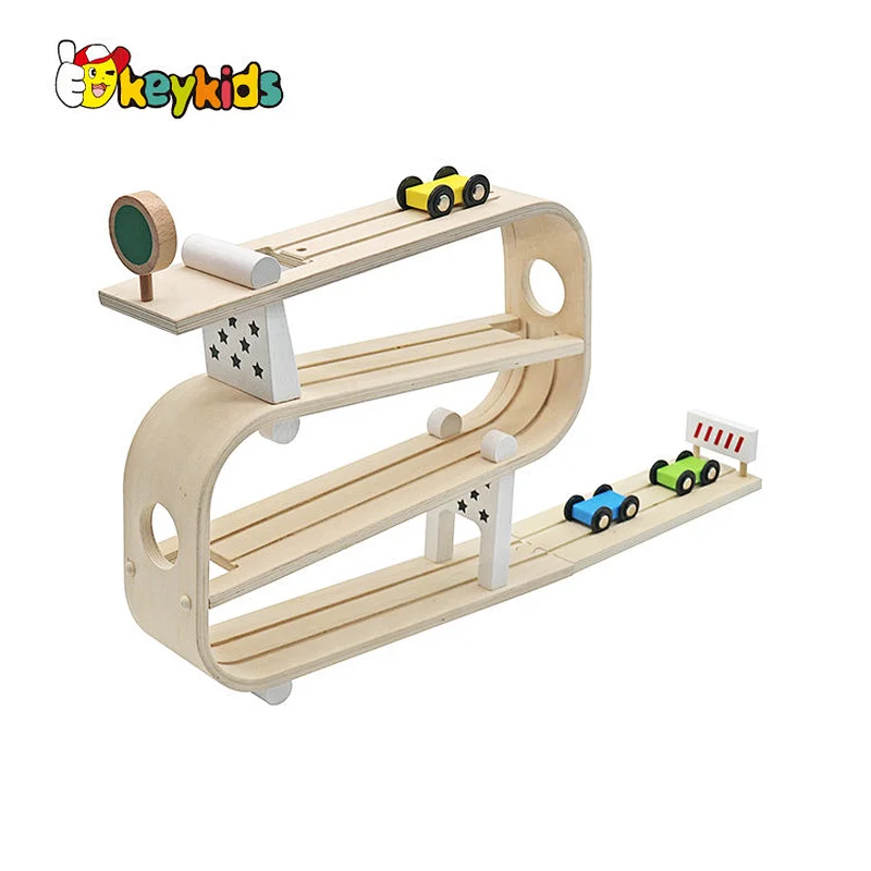 Customize educational kids track slot wooden toy ramp racer with 3 mini cars W04E434