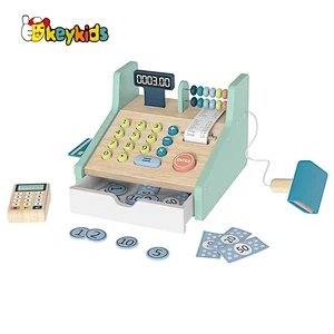 Kids pretend play preschool wooden supermarket cash register toys with scanner W10A163