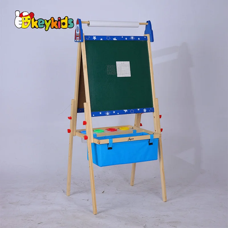 Customize kids double sided wooden magnetic drawing board with basket W12B235
