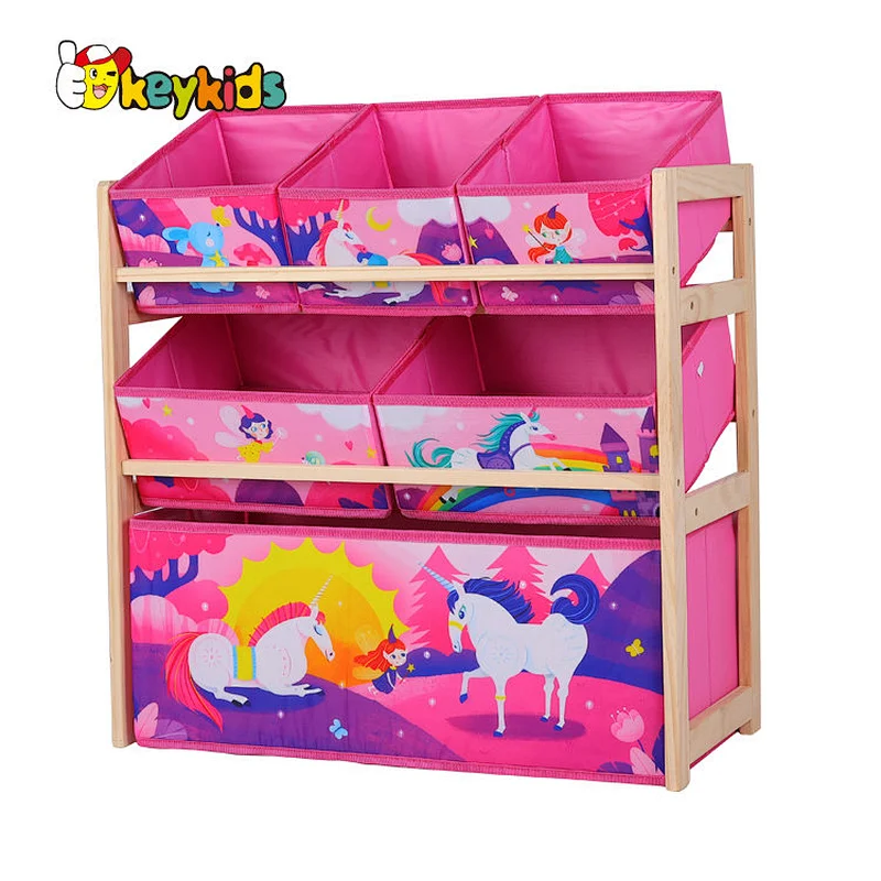 Children Nursery playroom wooden storage toy organizer with removable basket W08C353