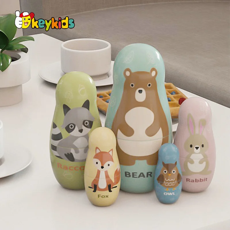 New design 5 PCS stacking cute animals wooden russian nesting dolls for kids W06D175
