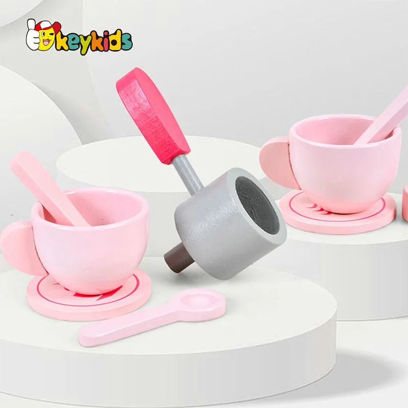 Hot sale pretend play pink wooden toy coffee maker for children W10D526