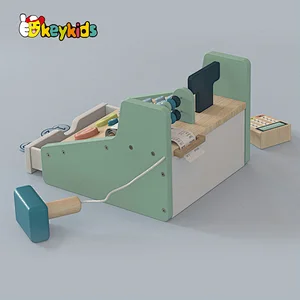 Kids pretend play preschool wooden supermarket cash register toys with scanner W10A163