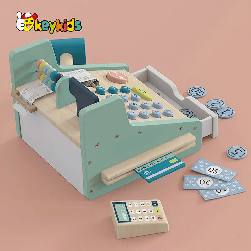 Kids pretend play preschool wooden supermarket cash register toys with scanner W10A163