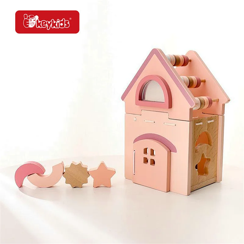 New Arrival 5 In 1 Educational Pink Wooden House Shape Sorter Toy For Kids W12D497