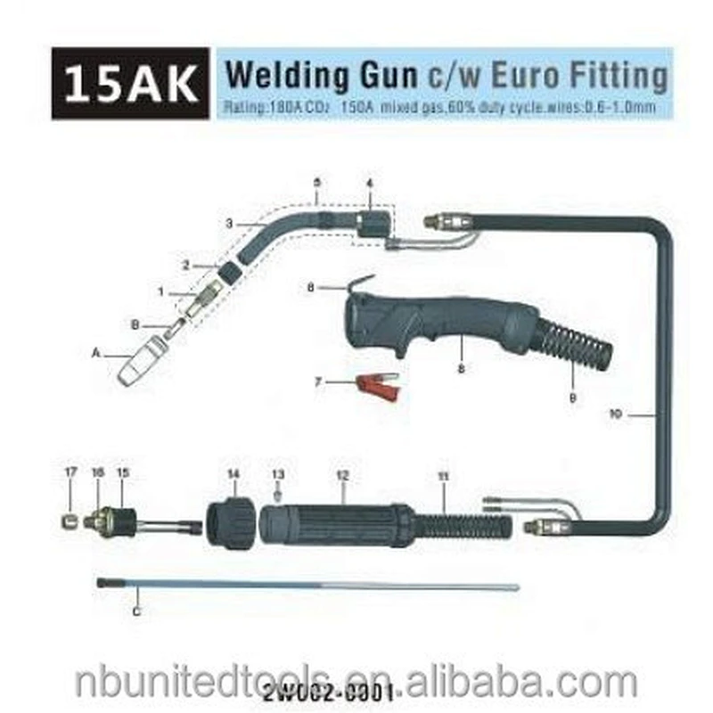 15AK Mig/Mag welding gun Euro Fitting 180A CO2 3M 4M 5M gas welding torch MIG MAG TORCH