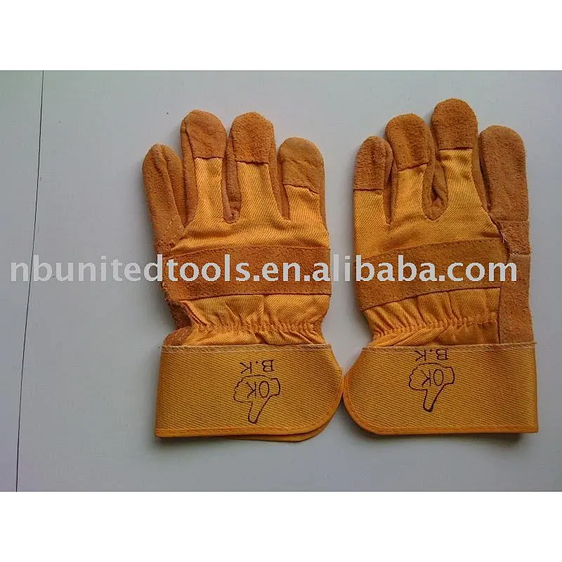 Yellow Color Safety Gloves,Cow Split Leather Work Glove,Leather cotton Welding Gloves