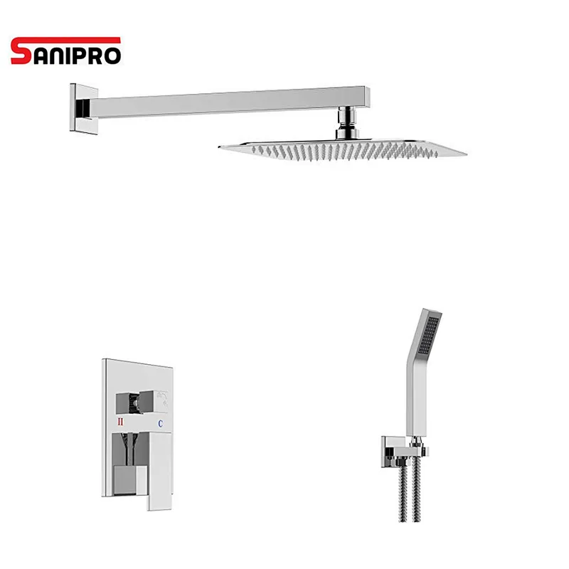 SANIPRO Square Concealed Wall Mount Thermostatic Rainfall Shower Faucet System Mixer Set