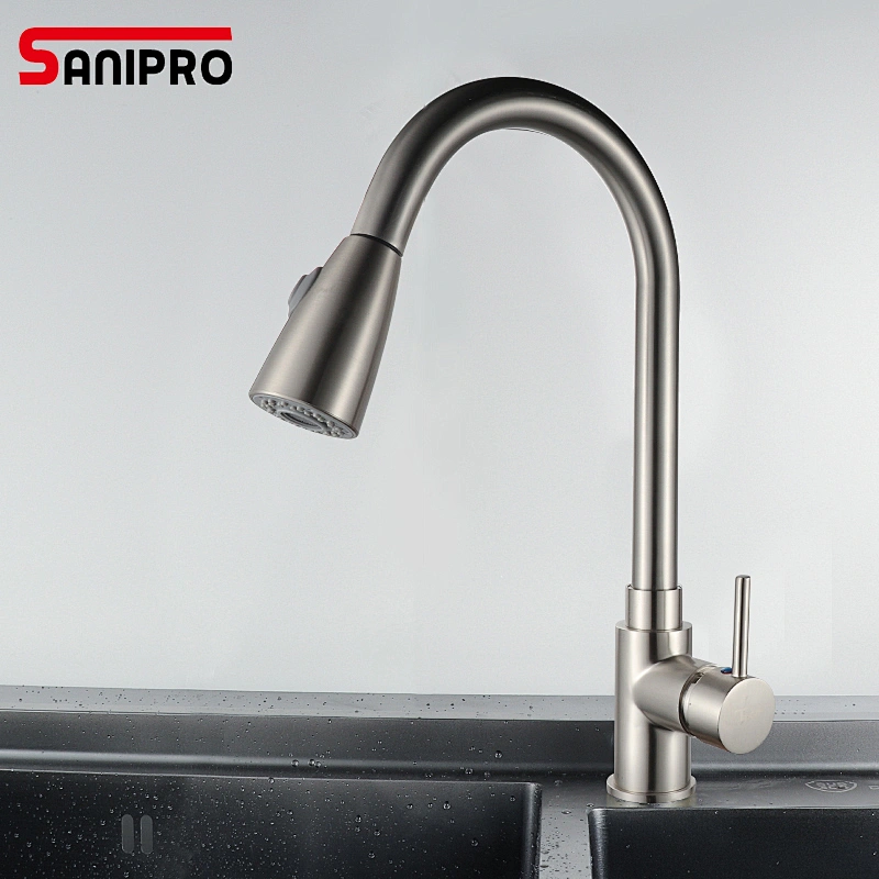 Sanipro Brass Kitchen Faucet Single Hole Pull Out Spout Kitchen Sink Mixer Tap Stream Sprayer Head Chrome/Black Mixer Tap