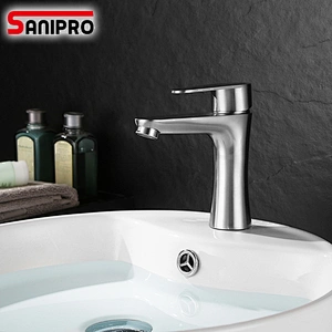 SANIPRO Hot and Cold Water Mixer Faucet Bathroom One Hole Single Handle Deck Mounted Tap SUS304 Stainless Steel Faucets