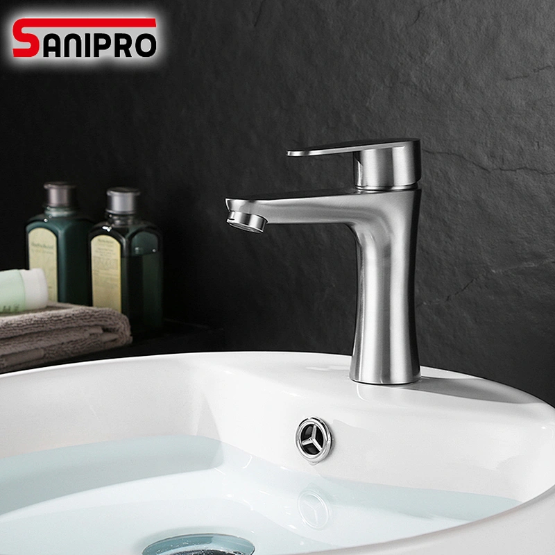 SANIPRO Hot and Cold Water Mixer Faucet Bathroom One Hole Single Handle Deck Mounted Tap SUS304 Stainless Steel Faucets