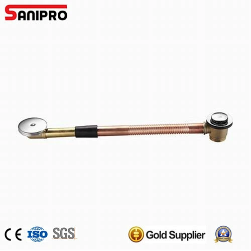 Brass pop up bathtub drain with flexible hose and decorative overflow cover