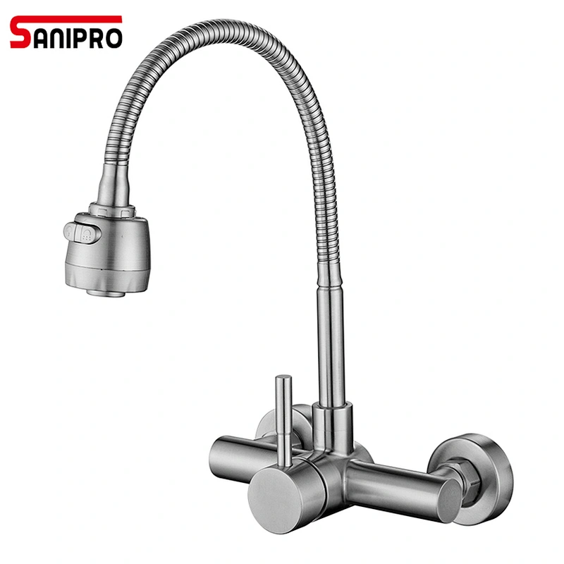 Sanipro Wall Mounted Kitchen Faucet Single Handle Dual Holes SUS304 Stainless Steel Flexible Hose Kitchen Mixer Taps
