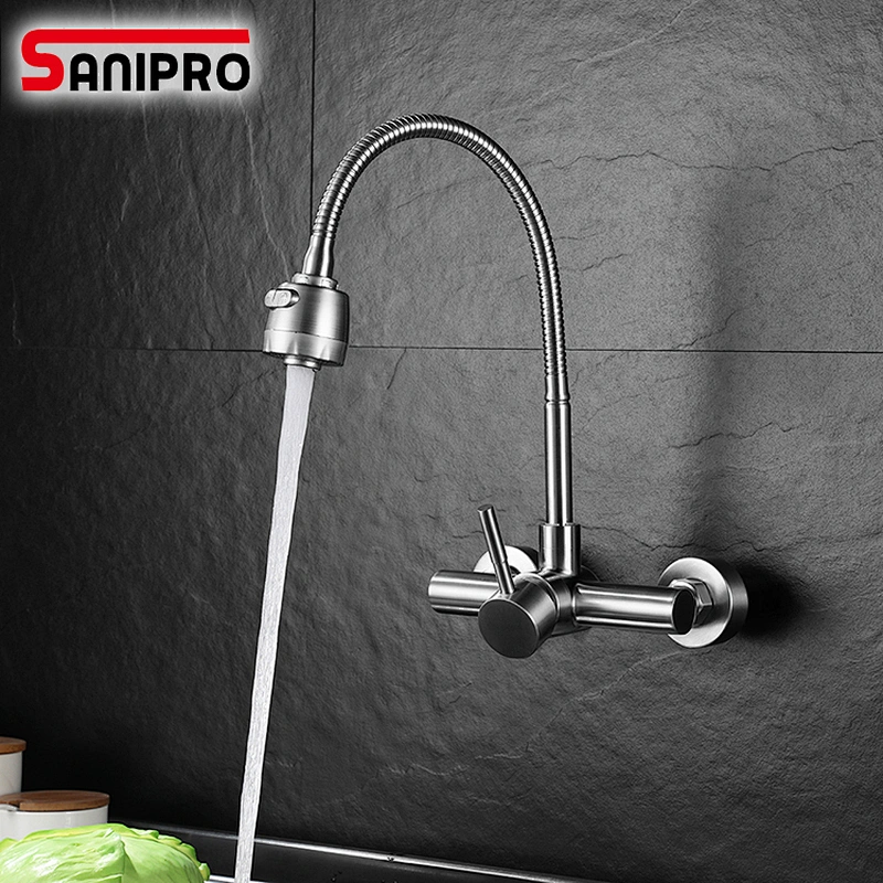 Sanipro Wall Mounted Kitchen Faucet Single Handle Dual Holes SUS304 Stainless Steel Flexible Hose Kitchen Mixer Taps