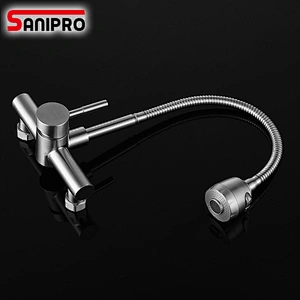 Sanipro Wall Mounted Kitchen Faucet Single Handle Dual Holes SUS304 Stainless Steel Flexible Hose Kitchen Mixer Taps